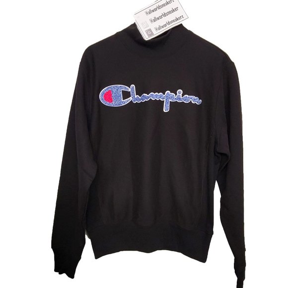 Champion Life Reverse Weave Mockneck Crew, Chenille Vintage Logo Black Applique - Picture 3 of 12